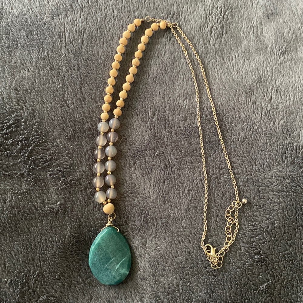 Wood and Stone Bead and Beautiful Green Stone Necklace. 16-19” long.
